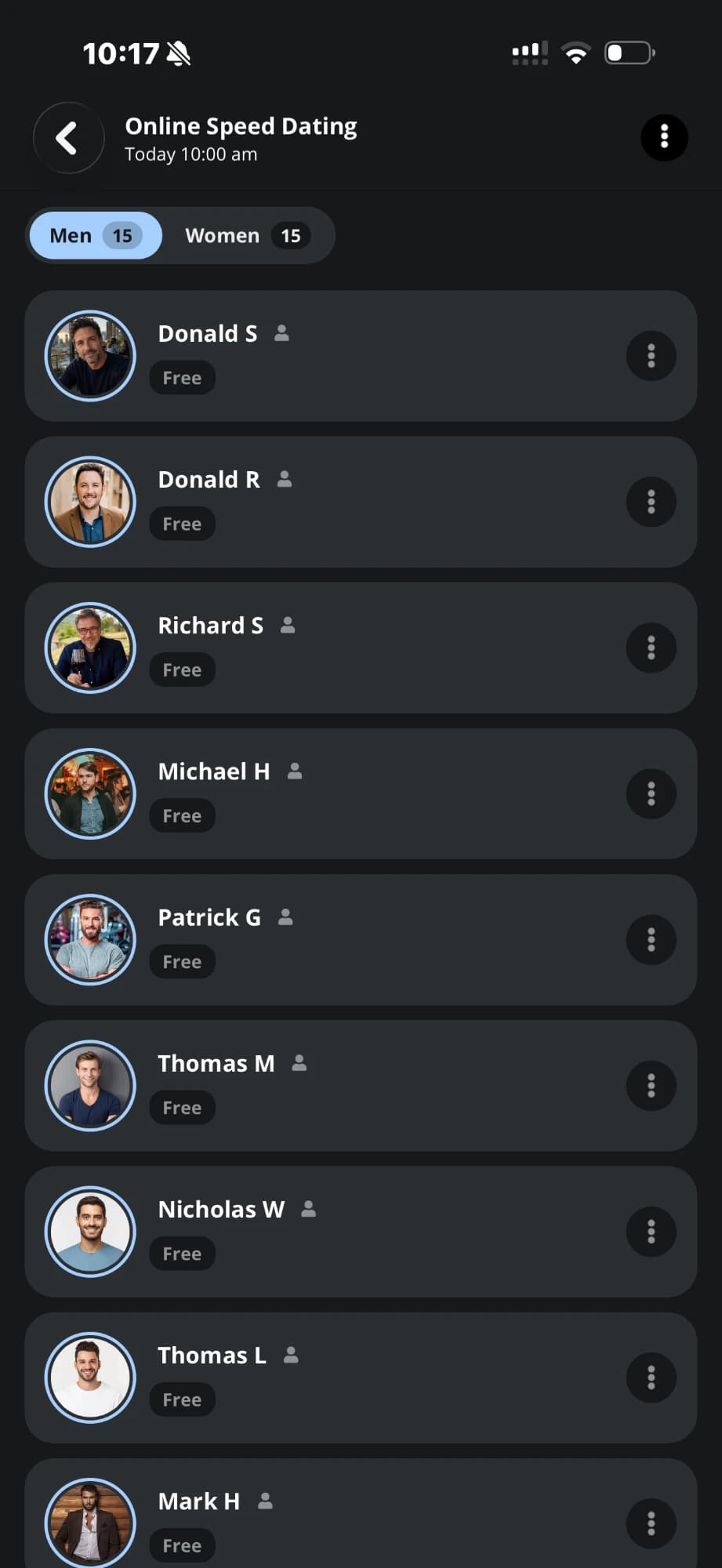 An online event's guest list in the Tables app, split into men and women