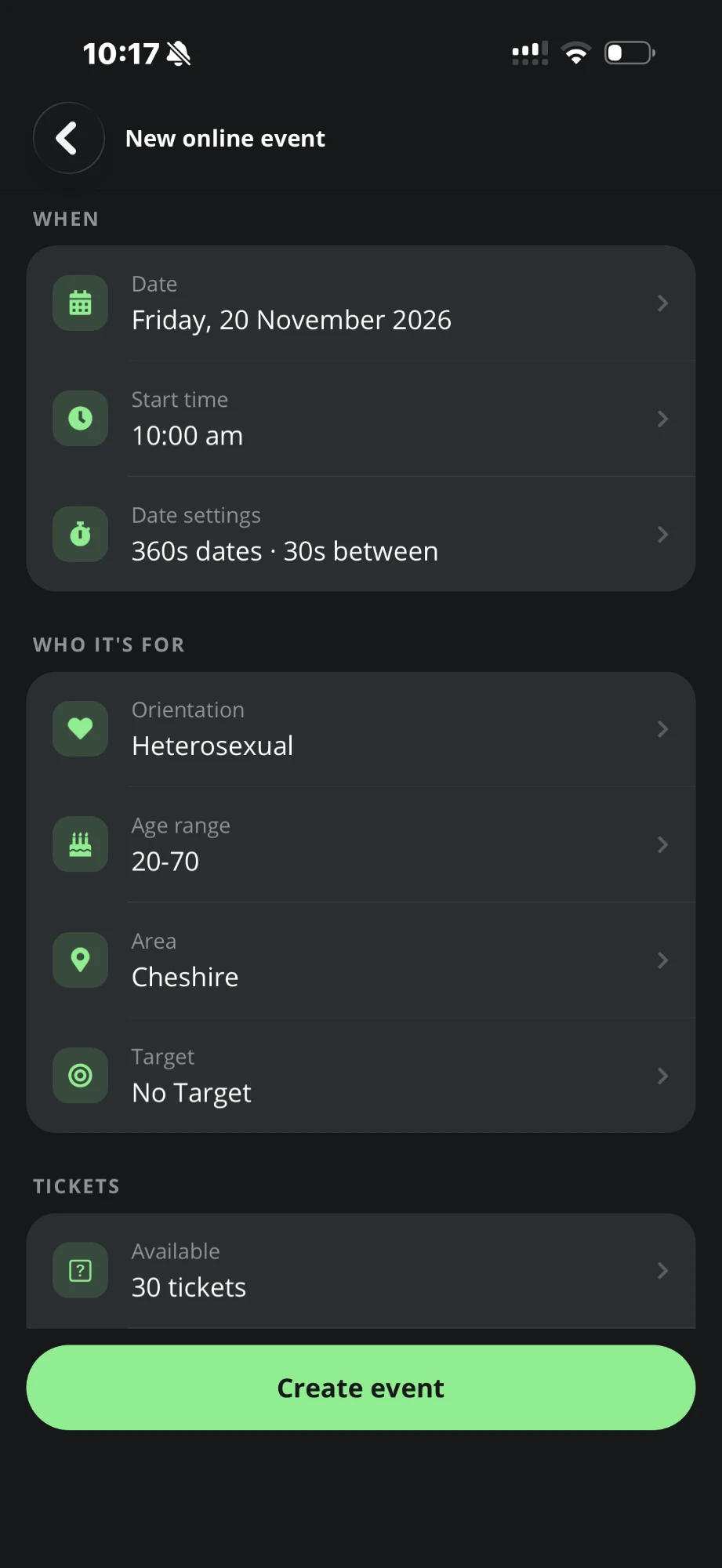 The New online event form: date, start time, date settings, orientation, age range, area, target and tickets