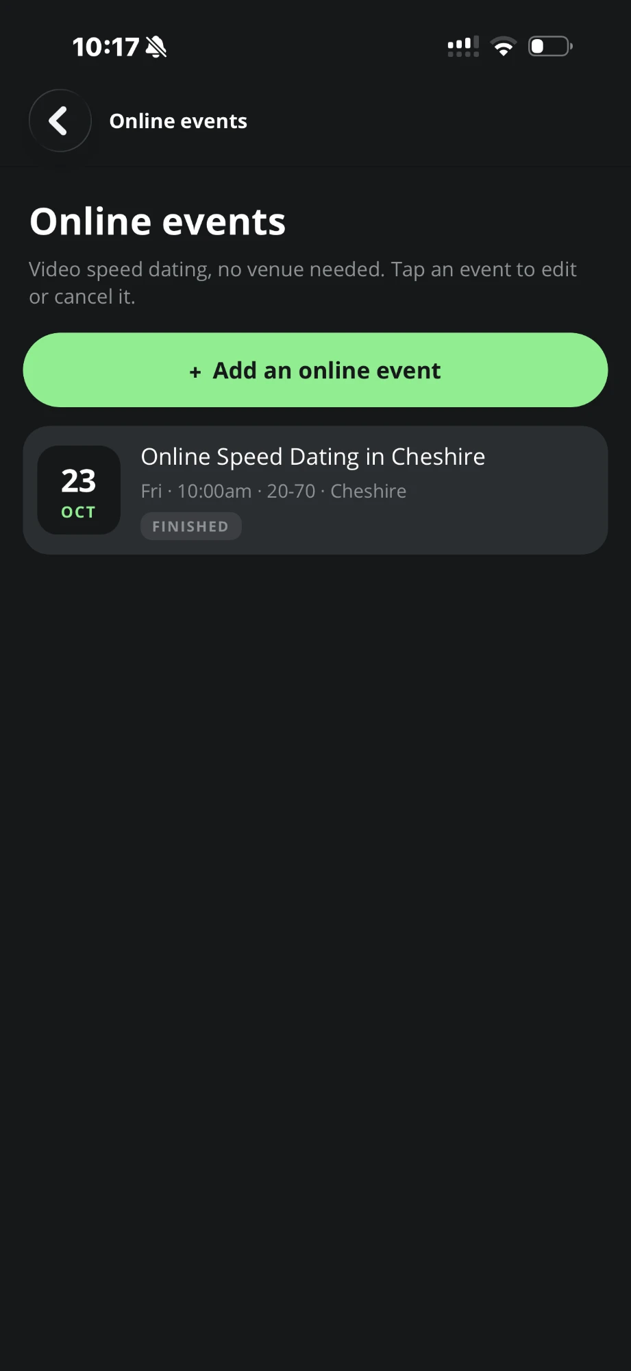 The Online events screen in the Tables app, with an Add an online event button and a list of events